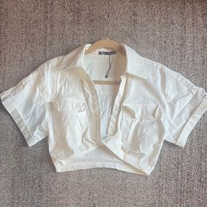 Zara White Notched Collar Crop Top with Cuffed Sleeves